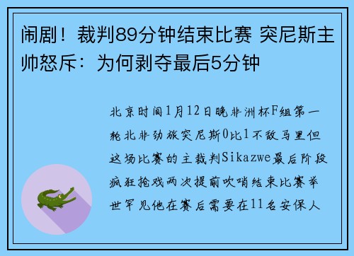 闹剧！裁判89分钟结束比赛 突尼斯主帅怒斥：为何剥夺最后5分钟